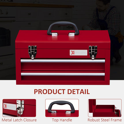 Lockable Metal 2-Drawer Tool Chest with Latches, Handle & Ball Bearing Runners - Red