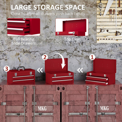 Lockable Metal 2-Drawer Tool Chest with Latches, Handle & Ball Bearing Runners - Red