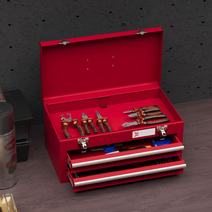 Lockable Metal 2-Drawer Tool Chest with Latches, Handle & Ball Bearing Runners - Red