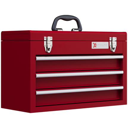 Lockable Metal Tool Chest with 3 Drawers, Latches & Handle - Red