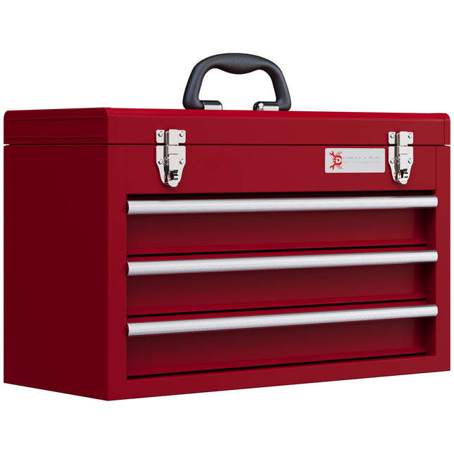 Lockable Metal Tool Chest with 3 Drawers, Latches & Handle - Red