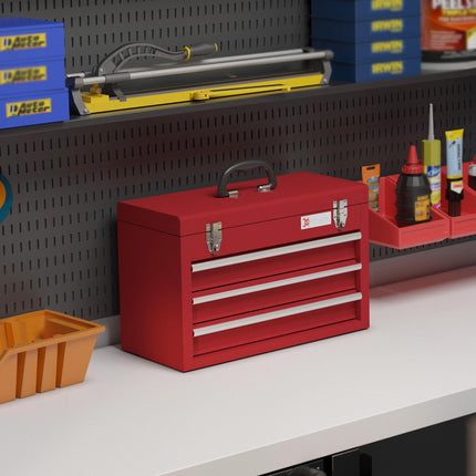Lockable Metal Tool Chest with 3 Drawers, Latches & Handle - Red
