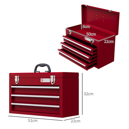 Lockable Metal Tool Chest with 3 Drawers, Latches & Handle - Red