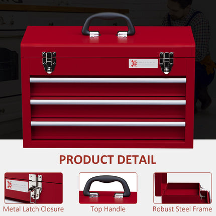 Lockable Metal Tool Chest with 3 Drawers, Latches & Handle - Red