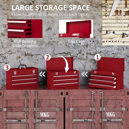 Lockable Metal Tool Chest with 3 Drawers, Latches & Handle - Red