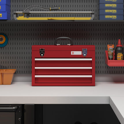 Lockable Metal Tool Chest with 3 Drawers, Latches & Handle - Red