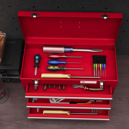 Lockable Metal Tool Chest with 3 Drawers, Latches & Handle - Red