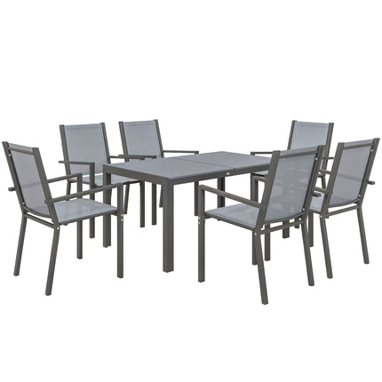 7 Pieces Garden Dining Set with Wood-Plastic Composite Table and 6 Stackable Mesh Armchairs - Grey