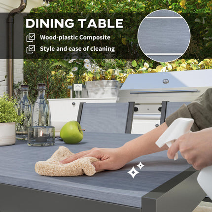 7 Pieces Garden Dining Set with Wood-Plastic Composite Table and 6 Stackable Mesh Armchairs - Grey