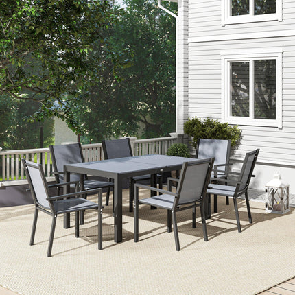7 Pieces Garden Dining Set with Wood-Plastic Composite Table and 6 Stackable Mesh Armchairs - Grey