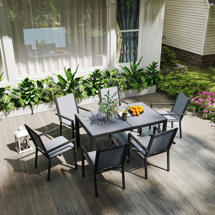 7 Pieces Garden Dining Set with Wood-Plastic Composite Table and 6 Stackable Mesh Armchairs - Grey
