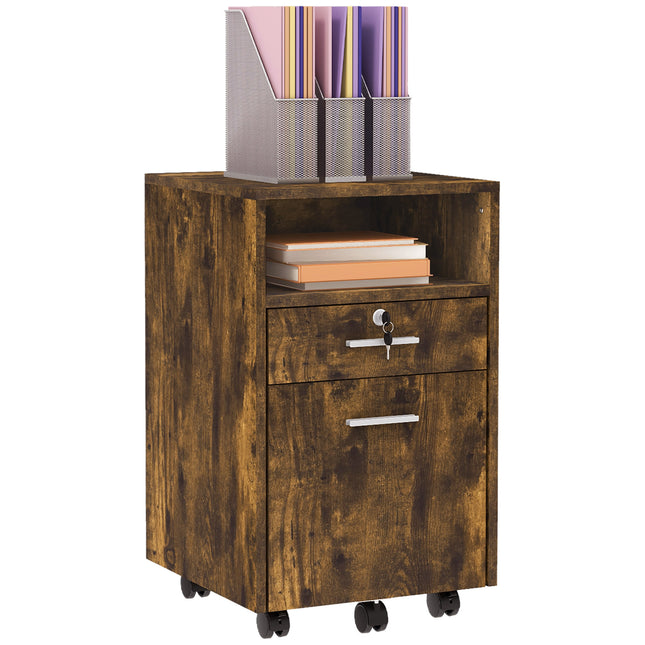 Lockable Mobile Filing Cabinet with Wheels for A4 & Letter Files - Rustic Brown
