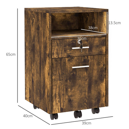 Lockable Mobile Filing Cabinet with Wheels for A4 & Letter Files - Rustic Brown