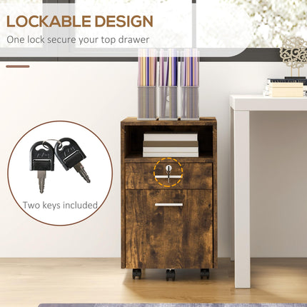 Lockable Mobile Filing Cabinet with Wheels for A4 & Letter Files - Rustic Brown