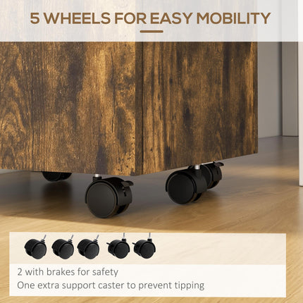 Lockable Mobile Filing Cabinet with Wheels for A4 & Letter Files - Rustic Brown