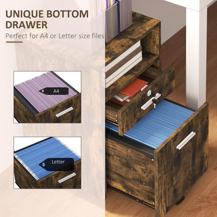 Lockable Mobile Filing Cabinet with Wheels for A4 & Letter Files - Rustic Brown
