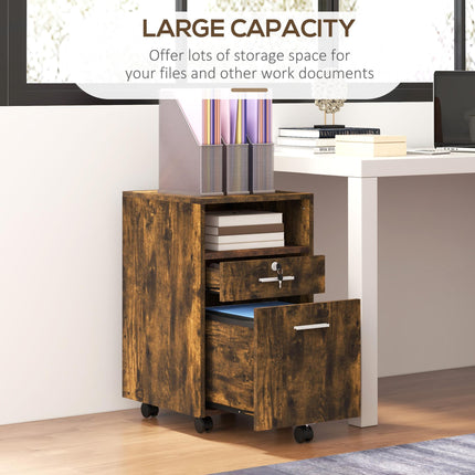 Lockable Mobile Filing Cabinet with Wheels for A4 & Letter Files - Rustic Brown