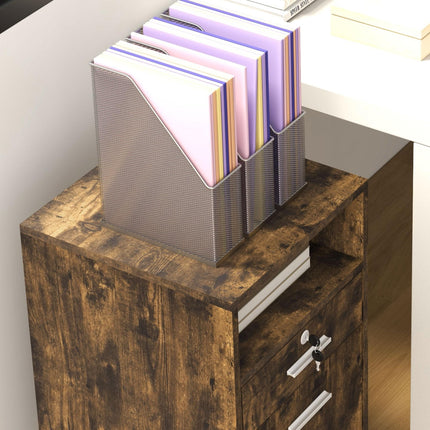 Lockable Mobile Filing Cabinet with Wheels for A4 & Letter Files - Rustic Brown