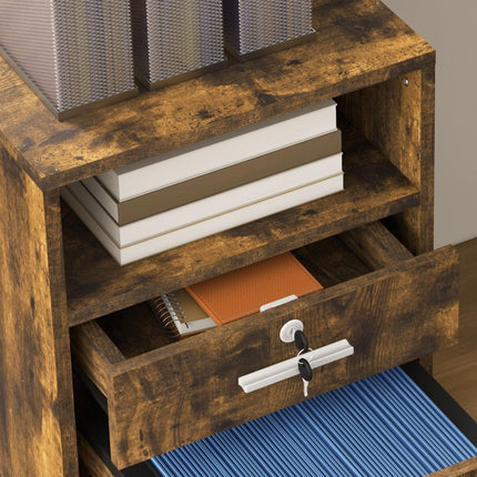 Lockable Mobile Filing Cabinet with Wheels for A4 & Letter Files - Rustic Brown