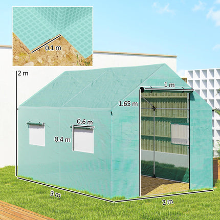 2 x 3 Metre Walk-In Polyethylene Polytunnel Greenhouse with UV-Resistant Cover - Green