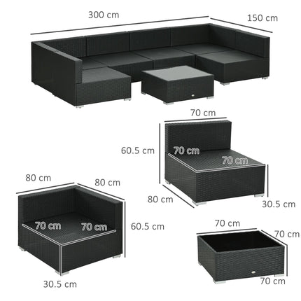 7 Piece Modular PE Rattan Garden Furniture Set with Cushions - Black
