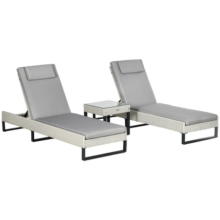 3-Piece PE Rattan Adjustable 5-Position Sun Lounger Set with Cushions & Glass Top Coffee Table - Light Grey