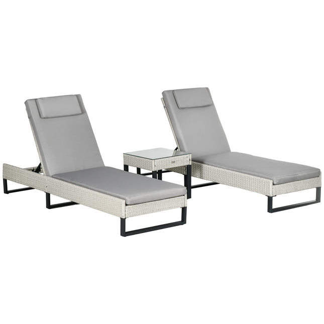 3-Piece PE Rattan Adjustable 5-Position Sun Lounger Set with Cushions & Glass Top Coffee Table - Light Grey