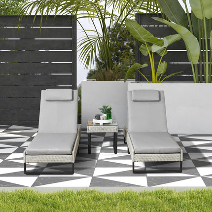 3-Piece PE Rattan Adjustable 5-Position Sun Lounger Set with Cushions & Glass Top Coffee Table - Light Grey