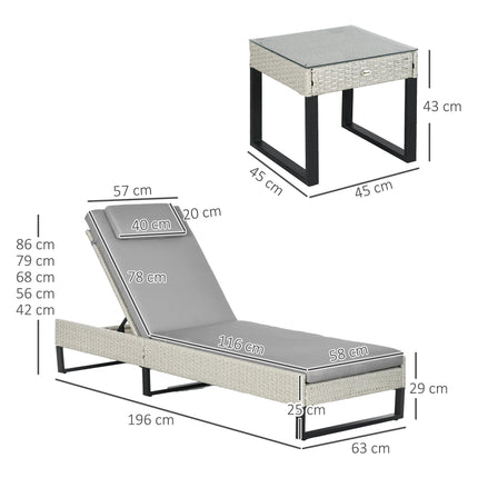 3-Piece PE Rattan Adjustable 5-Position Sun Lounger Set with Cushions & Glass Top Coffee Table - Light Grey