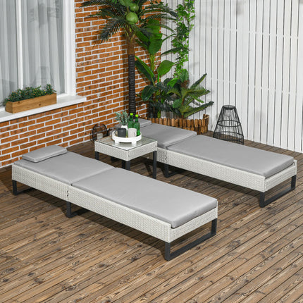 3-Piece PE Rattan Adjustable 5-Position Sun Lounger Set with Cushions & Glass Top Coffee Table - Light Grey