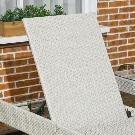 3-Piece PE Rattan Adjustable 5-Position Sun Lounger Set with Cushions & Glass Top Coffee Table - Light Grey