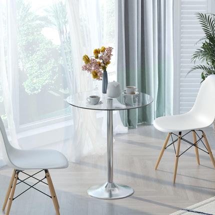 Round Modern Dining Table with Tempered Glass Top and Steel Base - Transparent Silver