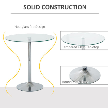 Round Modern Dining Table with Tempered Glass Top and Steel Base - Transparent Silver