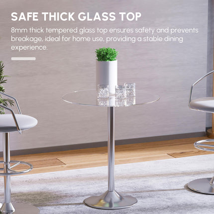 Round Modern Dining Table with Tempered Glass Top and Steel Base - Transparent Silver
