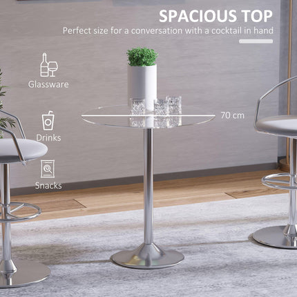 Round Modern Dining Table with Tempered Glass Top and Steel Base - Transparent Silver