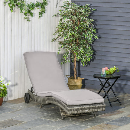 Patio Wicker Chaise Lounge Chair with Adjustable Backrest and Wheels - Grey