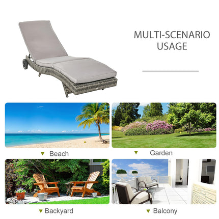 Patio Wicker Chaise Lounge Chair with Adjustable Backrest and Wheels - Grey