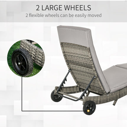 Patio Wicker Chaise Lounge Chair with Adjustable Backrest and Wheels - Grey