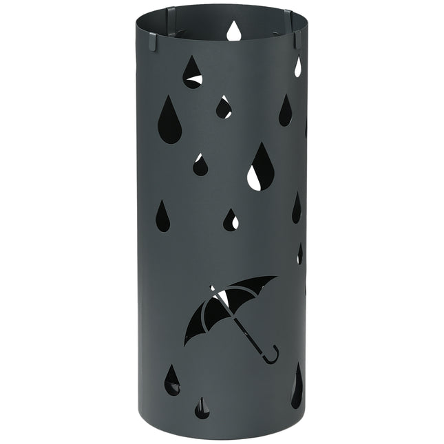 Freestanding Round Umbrella Stand with 4 Hooks and Drip Tray for Hallway and Entryway - Dark Grey