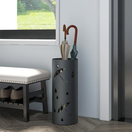 Freestanding Round Umbrella Stand with 4 Hooks and Drip Tray for Hallway and Entryway - Dark Grey