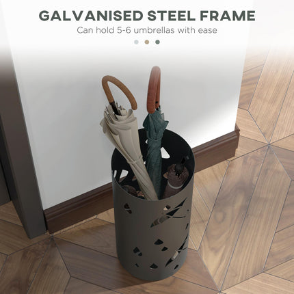 Freestanding Round Umbrella Stand with 4 Hooks and Drip Tray for Hallway and Entryway - Dark Grey
