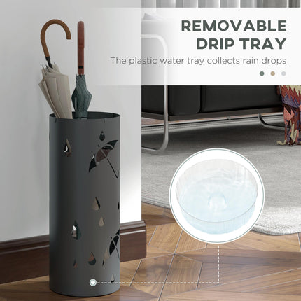 Freestanding Round Umbrella Stand with 4 Hooks and Drip Tray for Hallway and Entryway - Dark Grey
