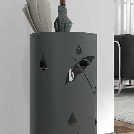 Freestanding Round Umbrella Stand with 4 Hooks and Drip Tray for Hallway and Entryway - Dark Grey