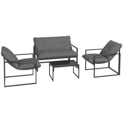 4 Piece Garden Sofa Set with Thick Cushions and Tempered Glass Table - Grey