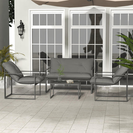 4 Piece Garden Sofa Set with Thick Cushions and Tempered Glass Table - Grey