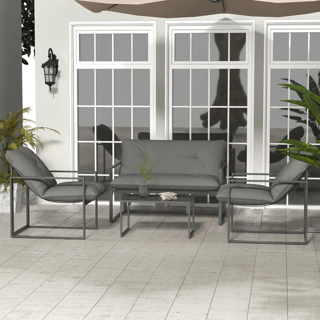 4 Piece Garden Sofa Set with Thick Cushions and Tempered Glass Table - Grey