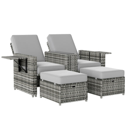 5 Piece Rattan Sun Lounger Set with Storage Footstools and Glass Table - Grey