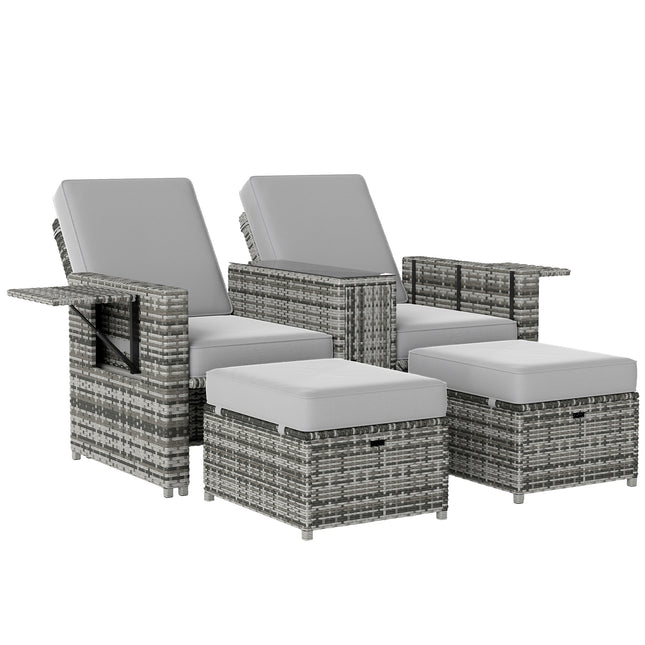 5 Piece Rattan Sun Lounger Set with Storage Footstools and Glass Table - Grey