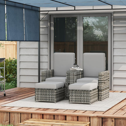 5 Piece Rattan Sun Lounger Set with Storage Footstools and Glass Table - Grey
