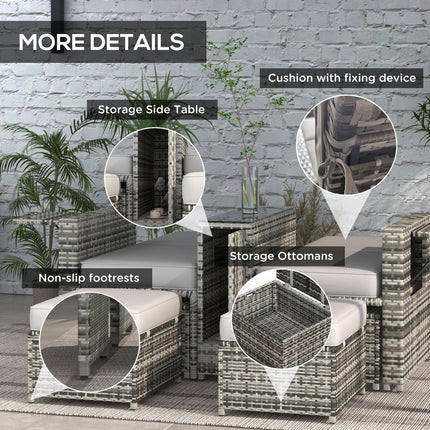 5 Piece Rattan Sun Lounger Set with Storage Footstools and Glass Table - Grey